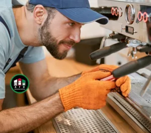 Coffee machine diagnosis and inspection by a professional technician, checking heating, pump, and grinder components.