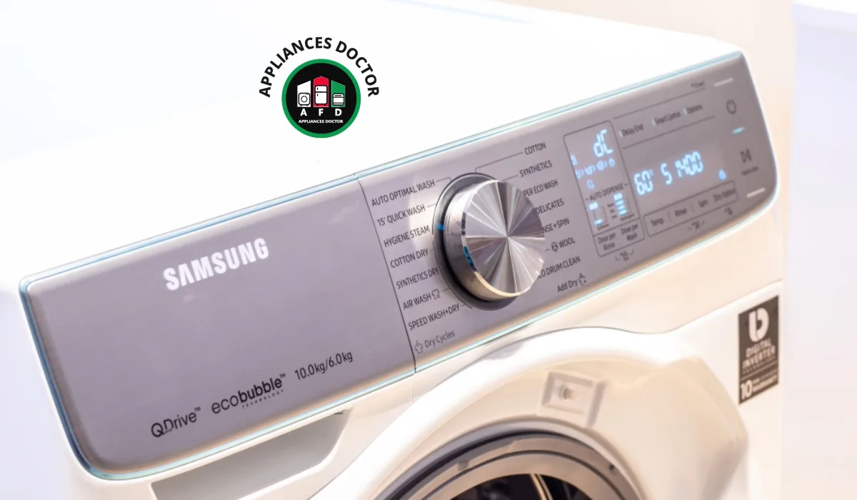 Certified technician repairing an out-of-warranty Samsung EcoBubble front-load washing machine during a same-day doorstep service visit in Dubai.
